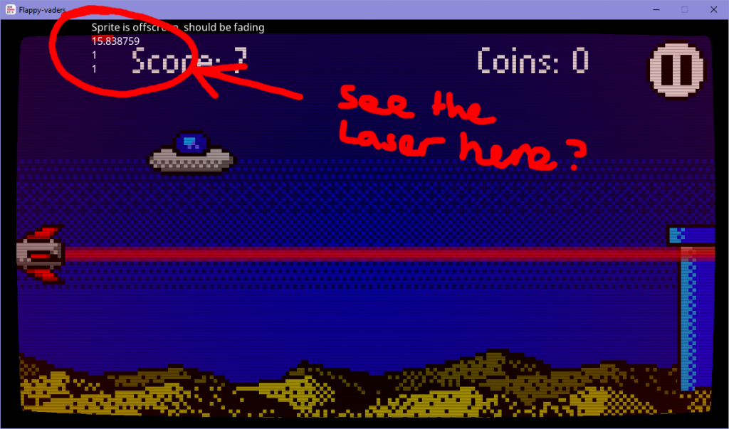 Screenshot showing tiny laser appearing where it oughtn't be.