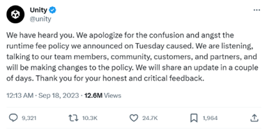 A screen shot of a tweet from Unity saying that they have heard the users and will issue an update soon