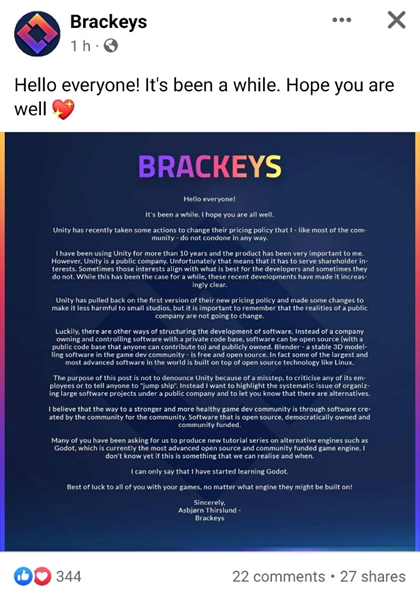 A screenshot of a social media post from Brackeys in response to the Unity Runtime fee